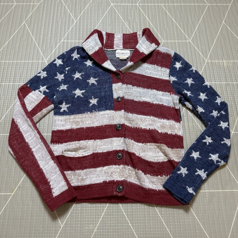 Denim & Supply Ralph Lauren USA American Flag Knit Cotton Cardigan M Distressed